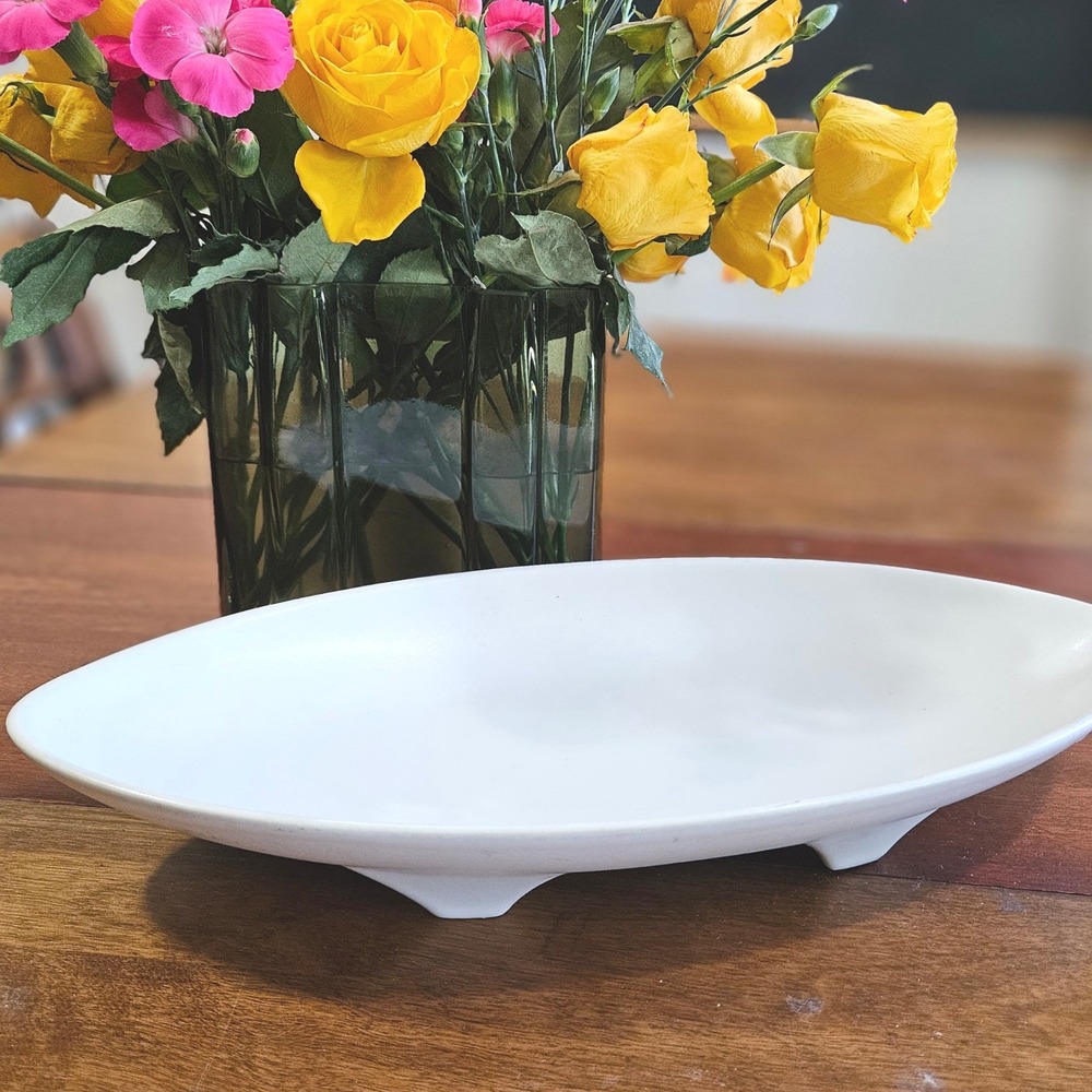 MCM White Footed Canoe Tray Console Bowl Centerpiece Ceramic Catchall Vtg